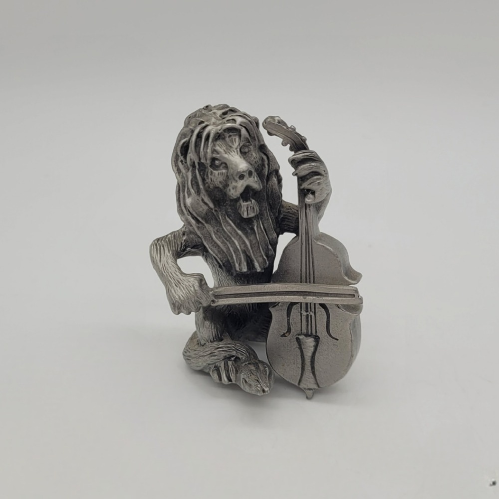 Vintage Hudson Pewter Lion Playing Cello Figurine Miniature 683 USA Made